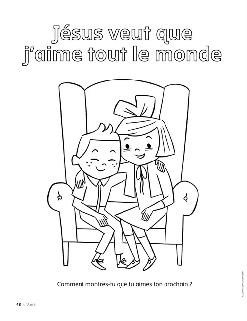 Coloriage PDF d’une fillette et d’un garçon assis sur un grand siège, les bras autour des épaules l’un de l’autre