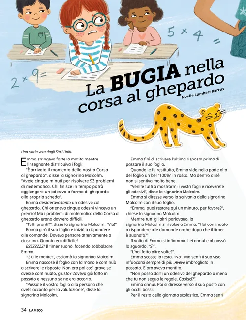PDF della pagina con illustrazioni di adesivi con ghepardi, una bambina dall’aria nervosa al suo banco di scuola e la bambina che prega con la mamma