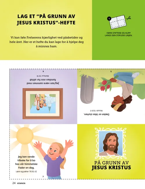 PDF-side med håndverksaktivitet for å lage et hefte med illustrasjoner av barn og Jesus Kristus