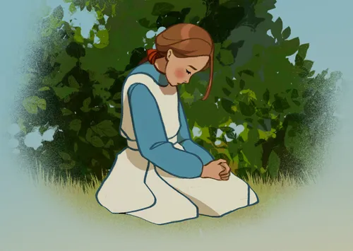Pioneer girl kneeling in prayer outside