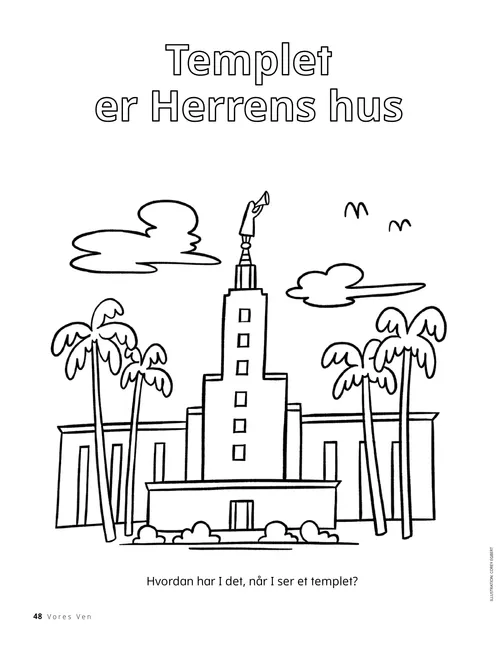 Malebogsside med et tempel