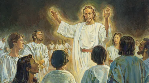 Jesus in a white robe surrounded by spirits in the spirit world