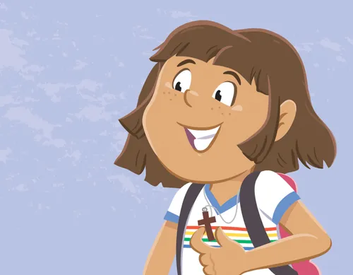 Image of Julia showing her crucifix necklace