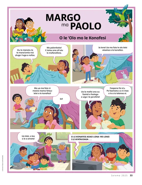 O se tala e sitaili faaata-komi ma ata o Margo ma Paolo o loo faia se faleie mai palanikeke ma matamata faatasi ma lo latou aiga i le konafesi aoao