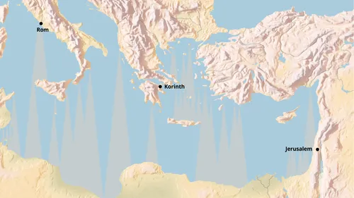 Karte des Mittelmeerraums mit Rom, Korinth und Jerusalem