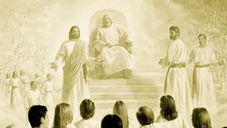 Many spirits watch as Jehovah presents his plan to Heavenly Father.