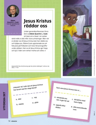 Pdf-sida med en illustration av en pojke som sitter i en säng och tittar på en bild av Jesus Kristus.