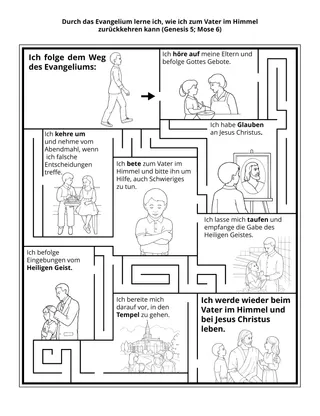 Seite mit der Aktivität für PV-Kinder: Durch das Evangelium lerne ich, wie ich zum Vater im Himmel zurückkehren kann