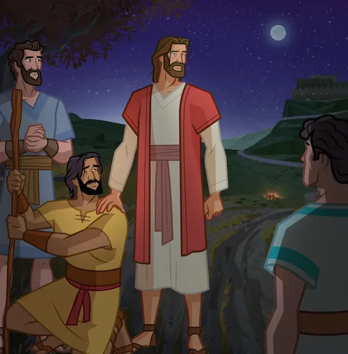 Jesus wakes up Peter, James, and John.