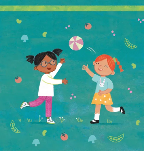 Two girls playing with a ball together