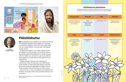 PDF-sivu, jossa Jeesus Kristus, kaksi veljestä halaamassa sekä Lähtölaskenta pääsiäiseen -väritystehtävä