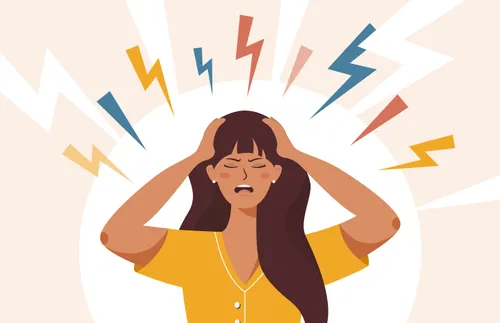 an illustration of an angry-looking woman holding her hands to her head