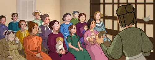 Emma teaching women in the Relief Society.