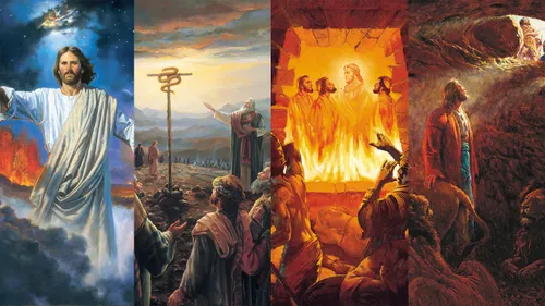 collage of artwork including Jesus Christ creating the earth; Moses and the brass serpent; Shadrach, Meshach, and Abed-nego with Christ in the fiery furnace; and Daniel in the lions’ den