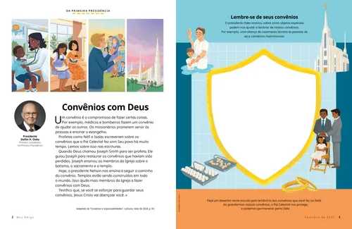 Página em PDF de uma criança com um médico; missionárias, Joseph Smith ensinando e um templo; mais uma atividade de desenho em um escudo