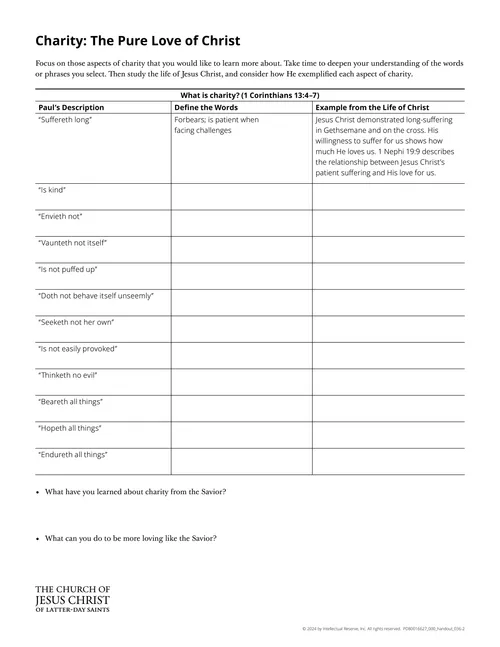 Charity: The Pure Love of Christ handout