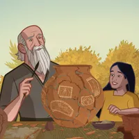 The man and young girl look at the pot they have repaired.