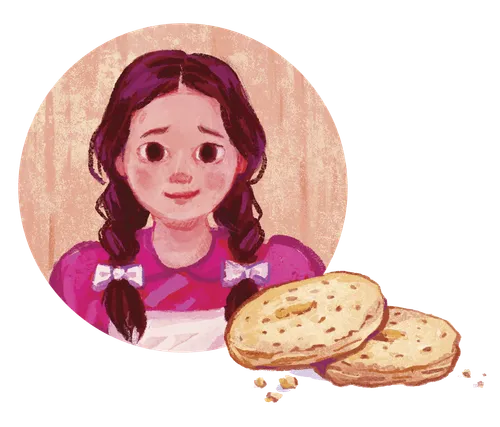 Illustrated portrait of a pioneer girl and an illustration of a stack of hard biscuits