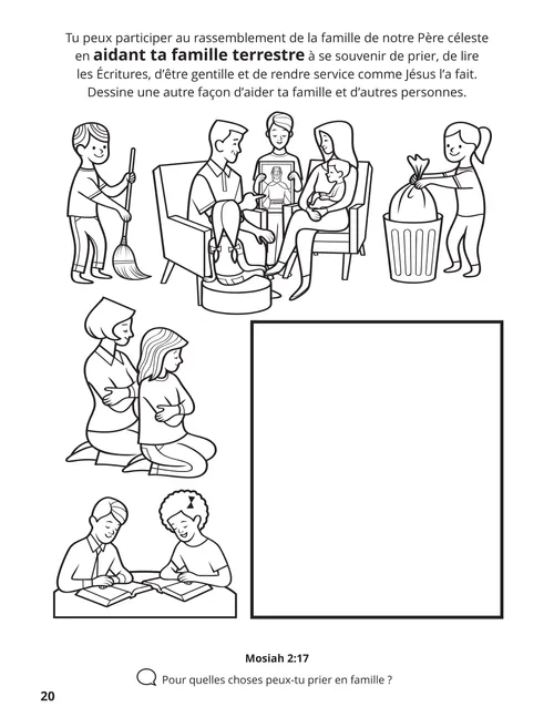 Coloriage au format PDF : des familles qui prient, lisent les Écritures et servent