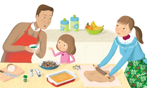 Girl with her mom and dad in the kitchen