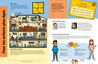 Page au format PDF avec une activité de labyrinthe montrant différentes salles d’un bâtiment de l’Église, un puzzle de nombres et un garçon et une fillette avec des visages triste et heureux
