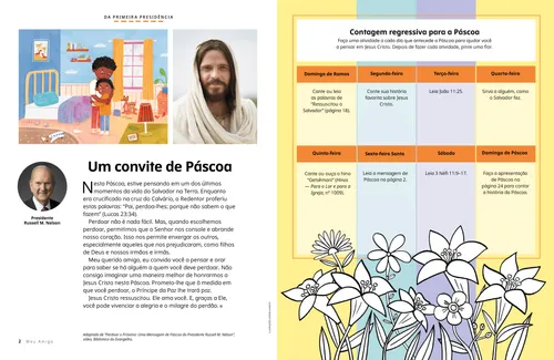 PDF de Jesus Cristo, dois irmãos se abraçando, além de uma atividade de colorir de contagem regressiva para a Páscoa
