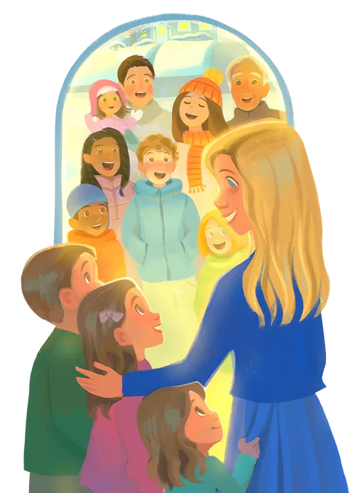 Illustration of mom and kids opening door to a group of people singing